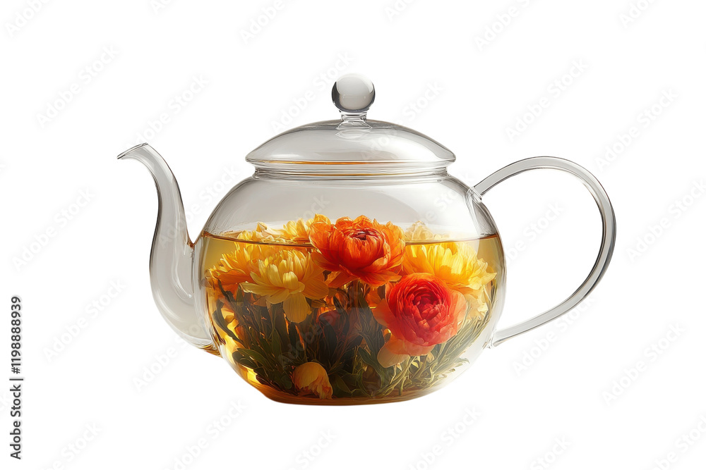 Freshly brewed floral tea in a clear glass teapot with vibrant blooms on display Freshly brewed floral tea in a clear glass teapot with vibrant blooms on display