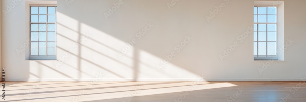 Obraz premium Minimalist Room Transformation Sunlit Hardwood Floor in Open Space - Ideal for Interior Design Inspiration and Lifestyle Marketing in Modern Home Organization Solutions