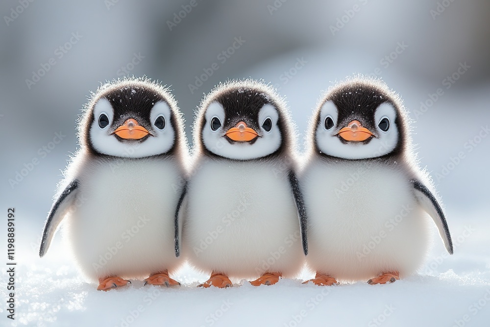 Fototapeta premium Three adorable penguin chicks standing together in a snowy landscape.