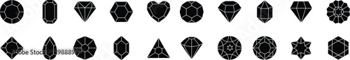Jewel and gem icons set. Gemstone luxury black vector isolated on transparent background. Different angle of crystal diamond gemstone elements for jewelry, shiny, wealth fashion gift princess and web