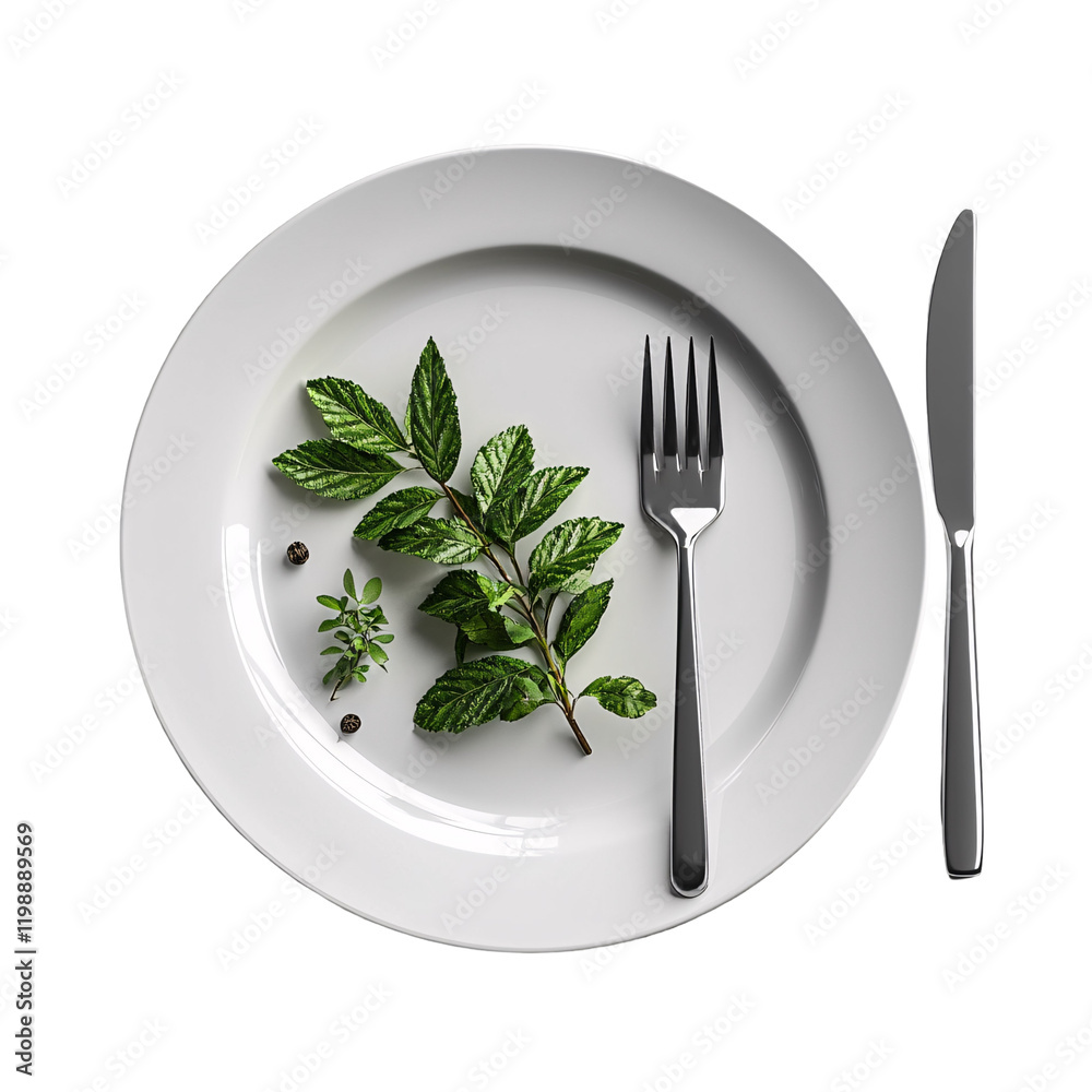 A white plate featuring fresh herbs, a fork, and a knife, emphasizing culinary presentation. A white plate featuring fresh herbs, a fork, and a knife, emphasizing culinary presentation.
