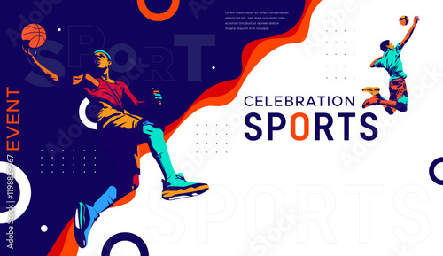 National sports day celebration design featuring illustrations of basketball and volleyball athletes on a sporty background. Can be used for banners, web, etc. Sports day concept