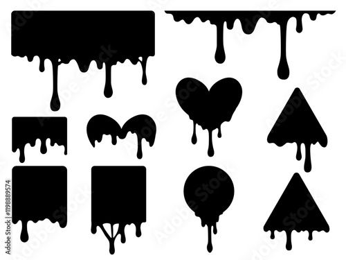 Paint drip circle labels. Black paint liquid. Ink drop set. Black inkblot.