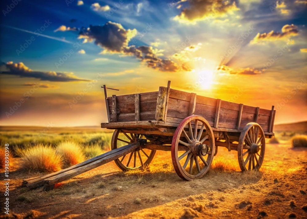 Fototapeta premium Abandoned Wagon Bokeh, Vintage, Dusty, Outdoors, Landscape, Nostalgia, Old West, Rural, Decay, Forgotten, Solitude
