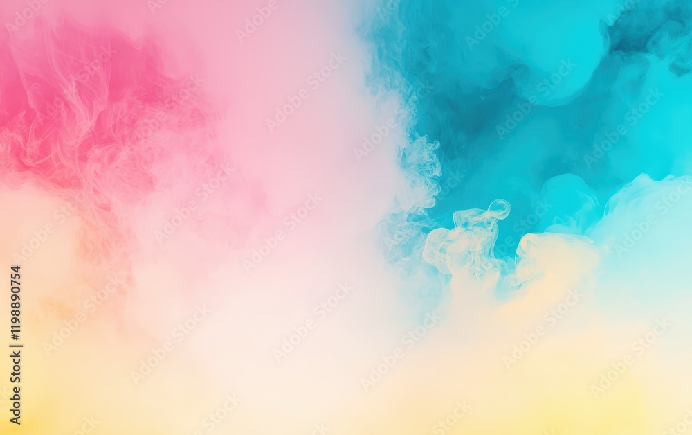 Fototapeta premium Multi-colored smoke in shades of cyan, pink, and yellow blending together on a white background