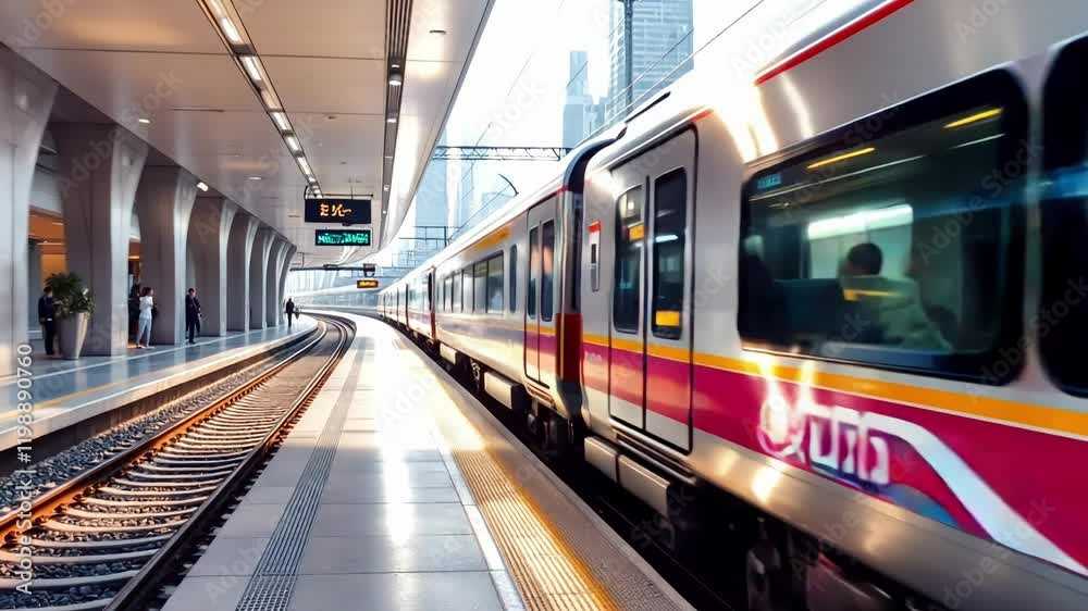 Modern commuter trains depart from the city station