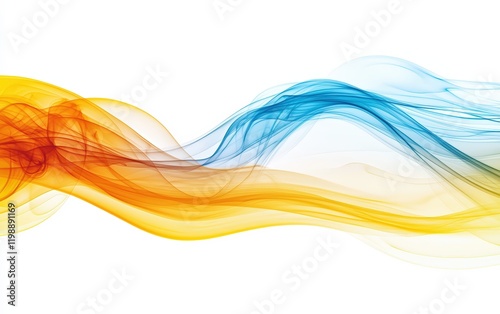 Neon blue, yellow, and orange smoke in dynamic patterns, forming wisps and spirals on a white backdrop