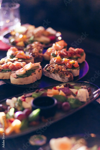 Bruschettas, on slices of toasted baguette garnished with basil
