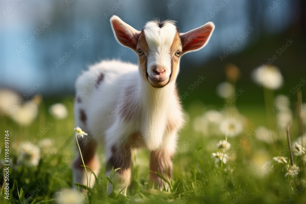 Adorable White Goat Kid Grazing on Lush Green Grass in the Spring. Perfect for Farming and Animal Themes, Children's illustrations and more Adorable White Goat Kid Grazing on Lush Green Grass in the Spring. Perfect for Farming and Animal Themes, Children's illustrations and more
