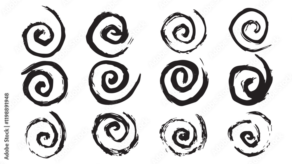Collection of spirals drawn in ink with wide brush, set of spiral and swirl motion brush drawn elements, black strokes in the form of curls for design, swirling grunge elements, concept of hypnosis Collection of spirals drawn in ink with wide brush, set of spiral and swirl motion brush drawn elements, black strokes in the form of curls for design, swirling grunge elements, concept of hypnosis