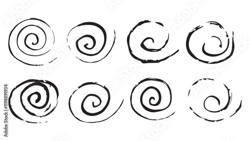 Black collection of spirals drawn in ink with brush, the concept of hypnosis, imitation of hallucinations, grunge style, set of abstract careless strokes in the shape of spirals on white background