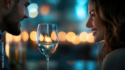 Romantic wine glass closeup with a lovely couple celebrating passion on their anniversary perfect for valentine's invitation in an intimate setting
