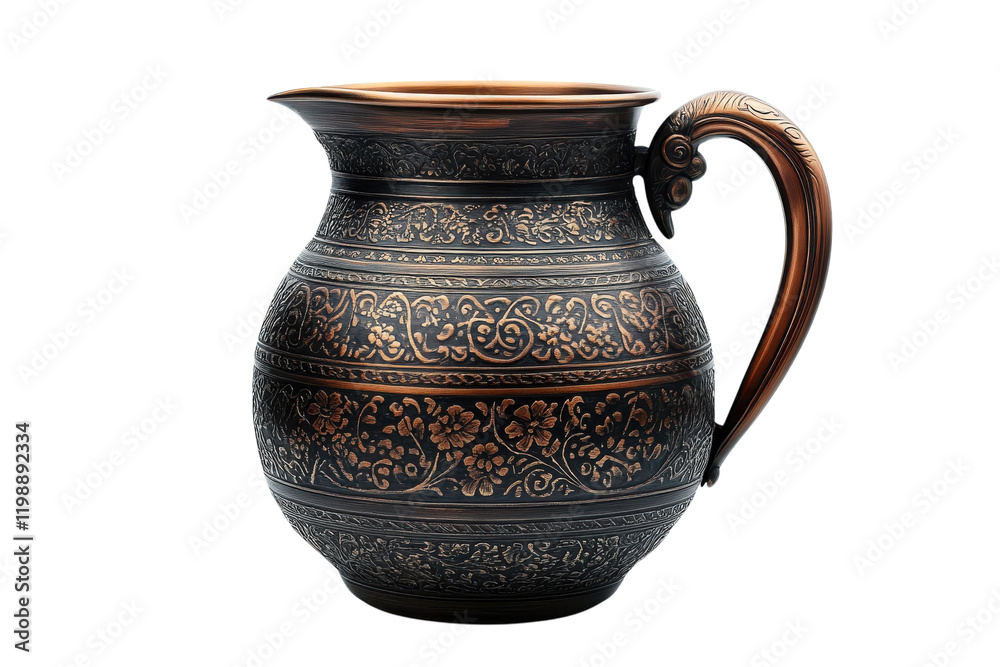 Decorative metallic pitcher with intricate floral designs and traditional craftsmanship Decorative metallic pitcher with intricate floral designs and traditional craftsmanship
