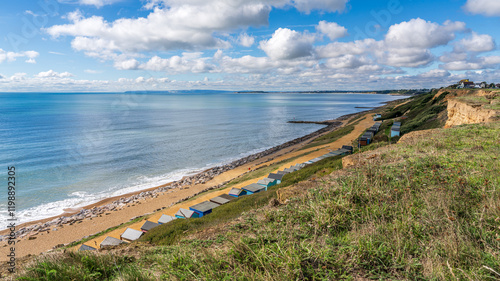 Beach Huts on the Channel Coast in Barton-on-sea, Hampshire, England, UK