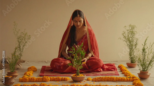 Tulsi Vivah, illustration of Tulsi plant decorated with red cloth and marigold flowers in the middle of a simple altar, a woman wearing a traditional Indian sari is performing the ritual, Ai generated