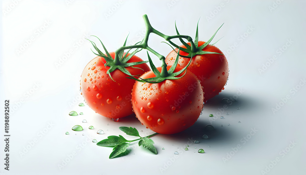Fruit Three red tomatoes with water droplets, green stems, and leaves, arranged in a clean, minimalistic s1 Fruit Three red tomatoes with water droplets, green stems, and leaves, arranged in a clean, minimalistic s1