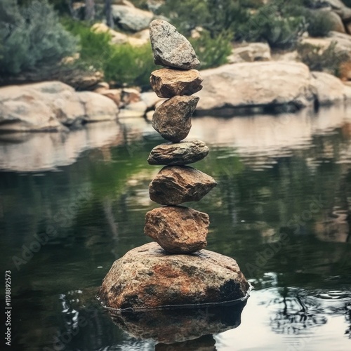 A pile of rocks sits atop the surface of calm water, suitable for use in illustrations about nature, serenity, or contemplation photo