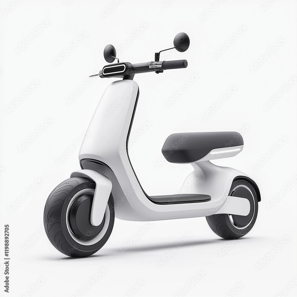 A white scooter with a black seat and a black handlebar