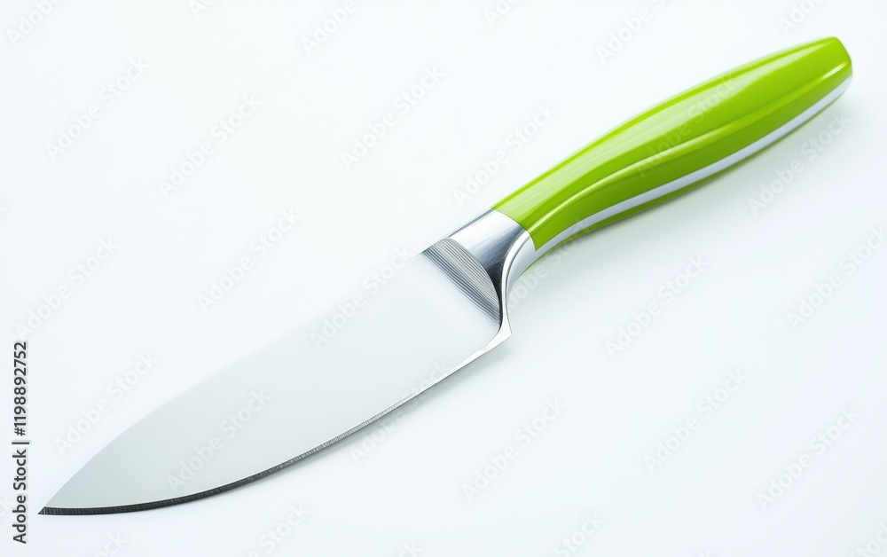 Obraz premium One ceramic knife with a vibrant green handle, displayed on a pure white background
