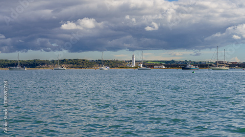 The Hurst Point Lighthouse and Keyhaven Lake near Milford on Sea,, Hampshire, England, UK photo