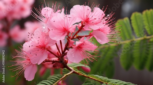 Albizia Blossom in a Summer Garden: A Close-up of the Flowering Plant's Delicate Rose-like Petals in Nature (16:9 ratio) photo