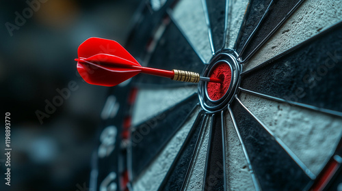 Dartboard with red dart hitting the bullseye close-up shot of a game target