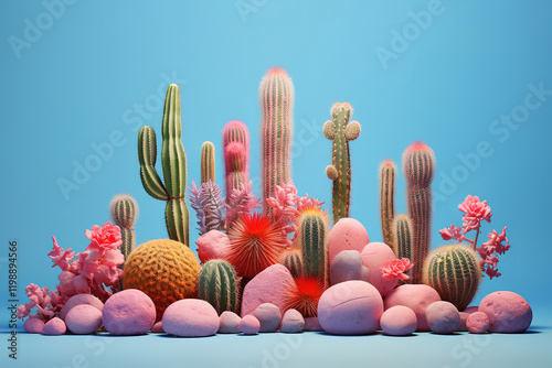 Display of Cactuses on Stands with Pink Stones, Set Against a Contrasting Blue Background