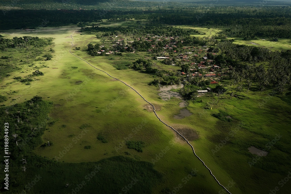 A stark line divides a green landscape that was once a cohesive community