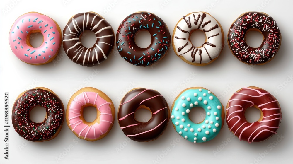 A cheerful set of vibrant donut-shaped ornaments, each uniquely decorated, captures the whimsy and joy of the holiday season. A cheerful set of vibrant donut-shaped ornaments, each uniquely decorated, captures the whimsy and joy of the holiday season.