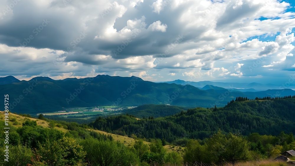 Panoramic view of lush green mountains and a serene valley under a cloudy sky, featuring a small village nestled among the hills. Panoramic view of lush green mountains and a serene valley under a cloudy sky, featuring a small village nestled among the hills.