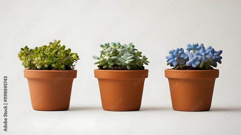 Three potted succulent plants in terracotta pots on a light background. Three potted succulent plants in terracotta pots on a light background.