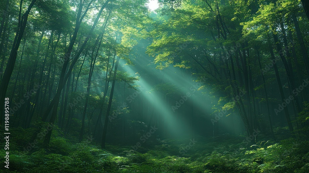 Obraz premium Serene forest with sunlight filtering through lush green trees, creating a tranquil atmosphere