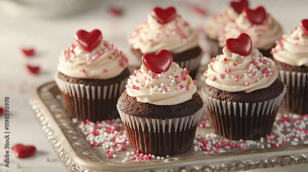 A group of cupcakes topped with heart-shaped candy decorations, surrounded by sprinkles and served on a decorative tray. A group of cupcakes topped with heart-shaped candy decorations, surrounded by sprinkles and served on a decorative tray.