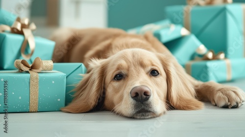 a golden retriever dog is lying on the floor with presents aroun photo