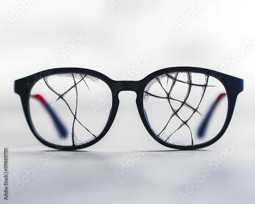 A pair of glasses sits on a flat surface, one lens clear while the other is cracked, illustrating the impact of political divides on perception and understanding in society photo