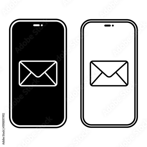 Phone screen with email icon. Set of black and white message symbols. Editable stroke