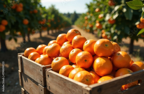 freshly picked tangerines lie in wooden boxes