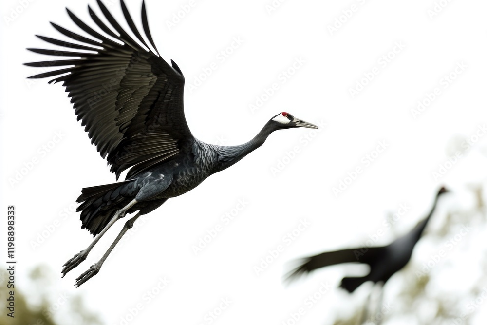 Fototapeta premium A pair of birds soaring through the air, surrounded by lush green trees