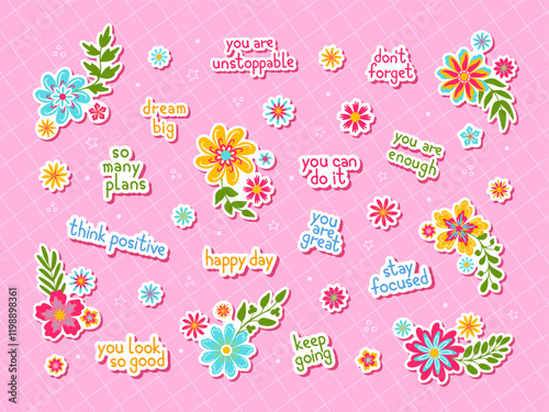 Flower cartoon stickers in retro colors with inspirational sayings. For diary, planner, surfaces etc