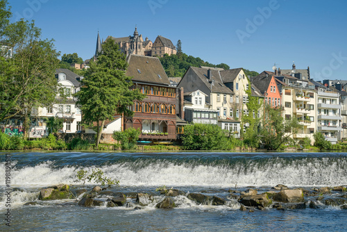 Fachwerkhäuser, Blick auf die Altstadt, Grüner Wehr, Lahn, Marburg, Hessen, Deutschland photo