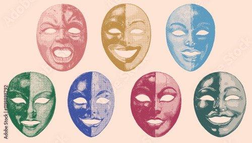 Venetian carnival, theatrical and halloween masks in 8bit + dithering effect. Editable color. Highly defined. Perfect for any creative project. 