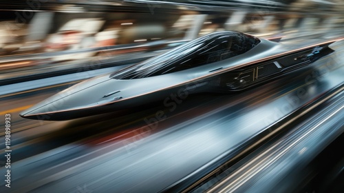 Futuristic vehicle in motion through urban cityscape, speed blur effect. photo