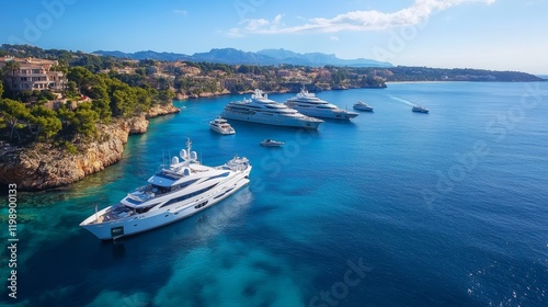 Majorca Panorama, beautiful seascape bay with luxury yachts at the coast of Santa Ponsa, Mallorca Mediterranean Sea, Balearic Islands.