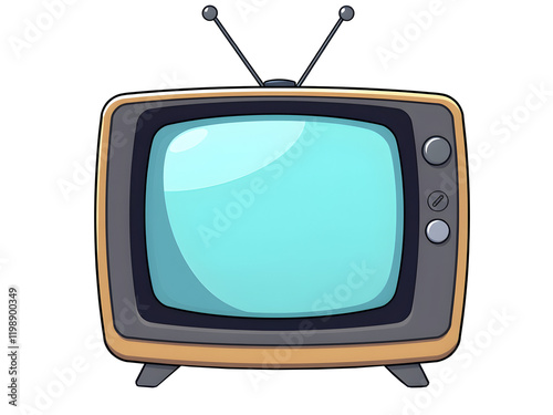 A cartoon illustration of a retro-style television set with a wooden frame, rabbit ear antennas, and a blank blue screen