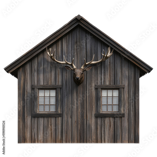 Rustic Wooden Cabin with Deer Antlers and Windows Under a Blue Sky: A Unique Nature Retreat photo