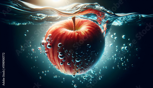 Fruit A vibrant red apple floating in clear water, with visible water droplets on its surface and gentle r1 photo