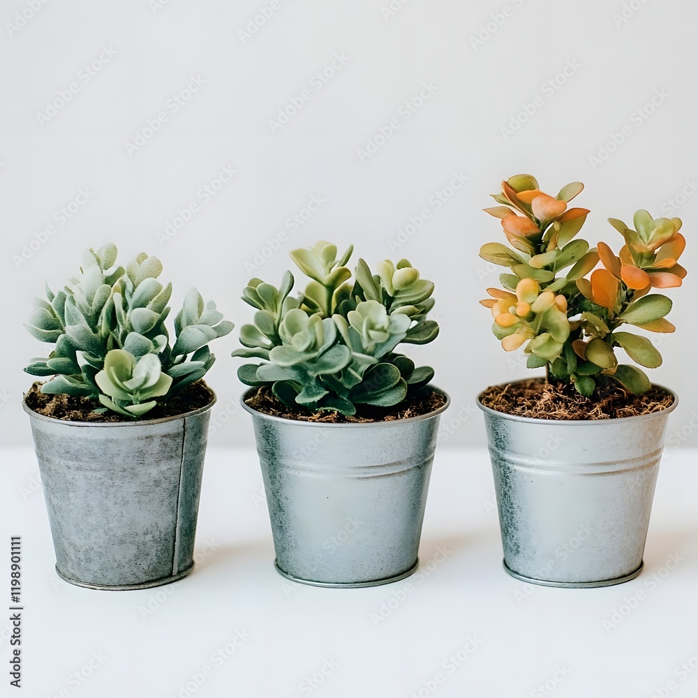 Three potted succulent plants in metal containers on a light background. Three potted succulent plants in metal containers on a light background.