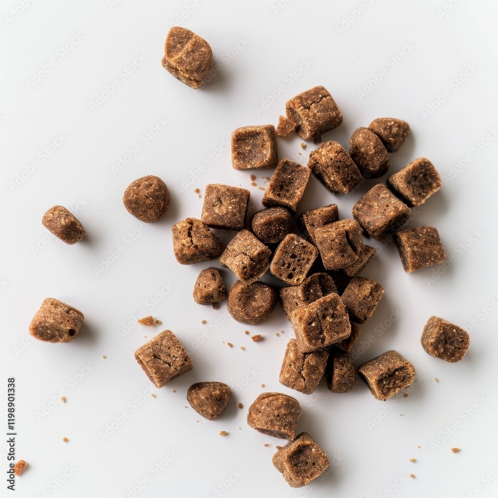 Obraz premium Brown kibble pieces for pets arranged on a white background