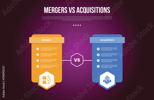 business mergers vs acquisitions infographic for comparison data with table price box with hexagon badge with modern dark gradient style background with 2 point information