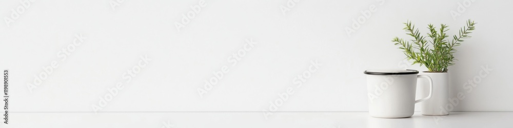 Minimalist White Desk with Greenery and Mug in Modern Office Setting Minimalist White Desk with Greenery and Mug in Modern Office Setting